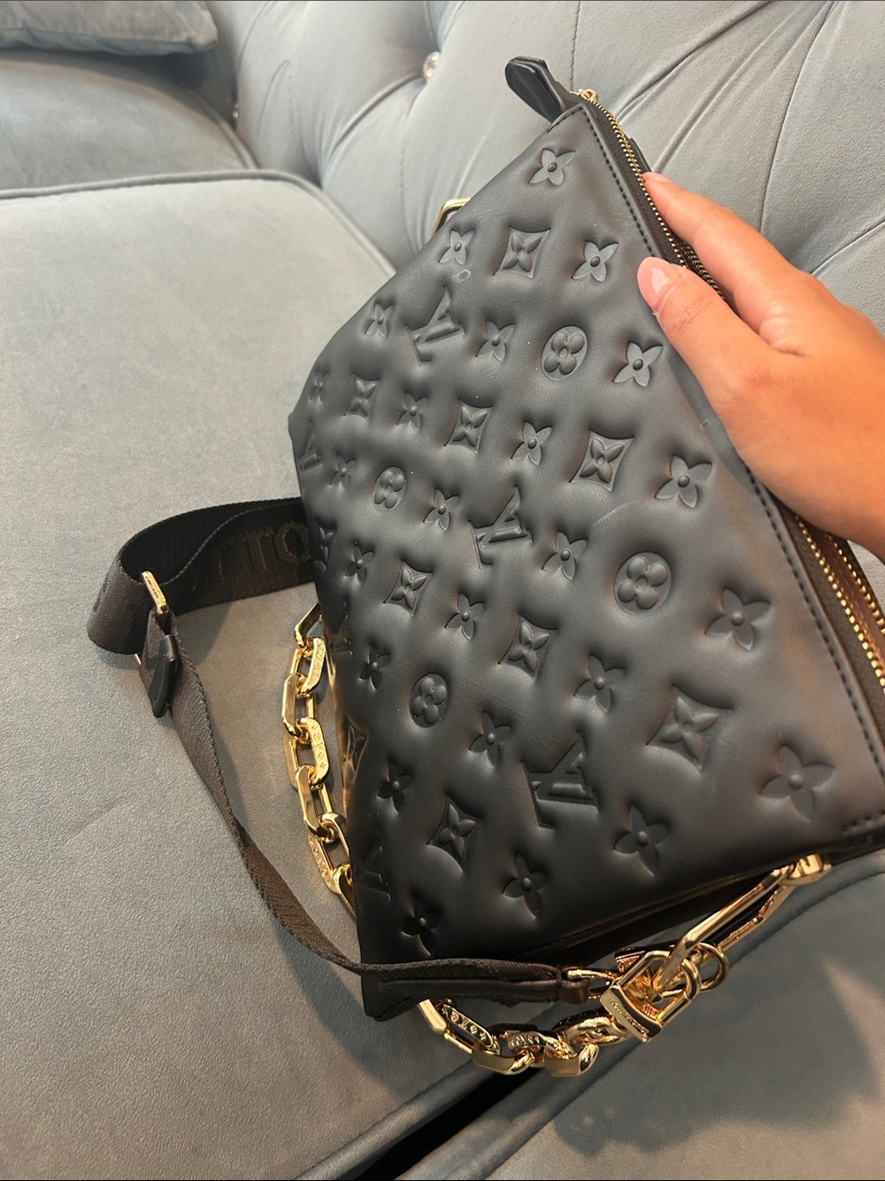 Inspired Black Quilted Monogram Shoulder Bag - Picture 4 of 4